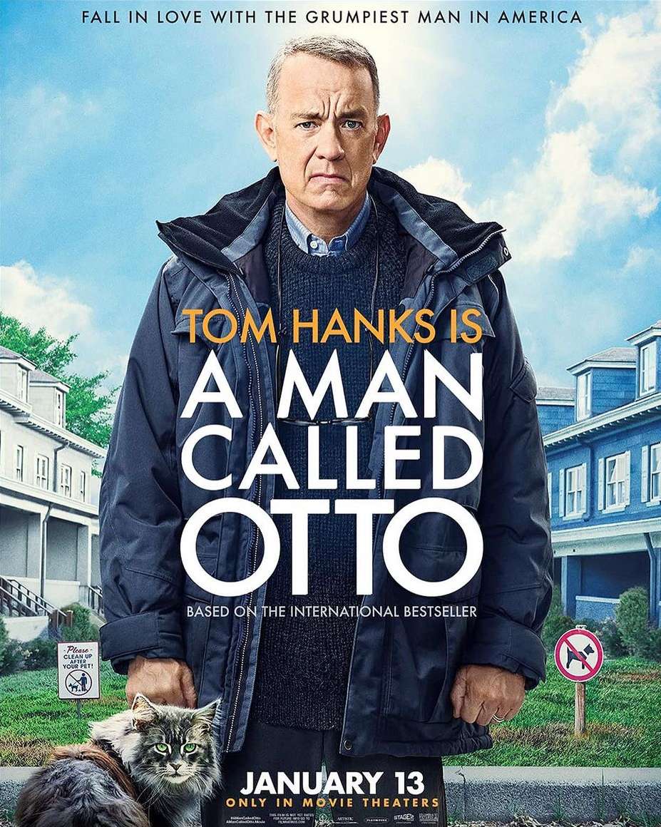 Movie poster for A Man Called Otto featuring Tom Hanks, set against a suburban backdrop, with a cat and neighborhood details.