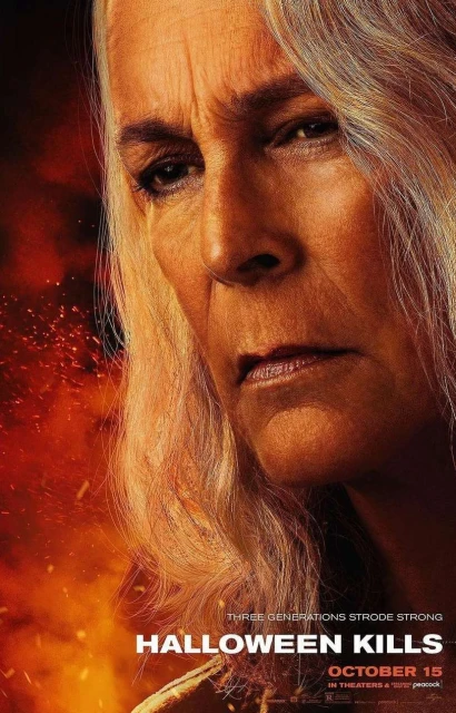 Close-up of Jamie Lee Curtis for Halloween Kills film, silver hair, somber expression against a fiery orange background with title text.