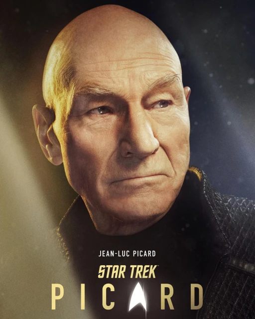 Portrait of Jean-Luc Picard from Star Trek: Picard, bald adult male with light skin, black jacket, Star Trek insignia, text visible.