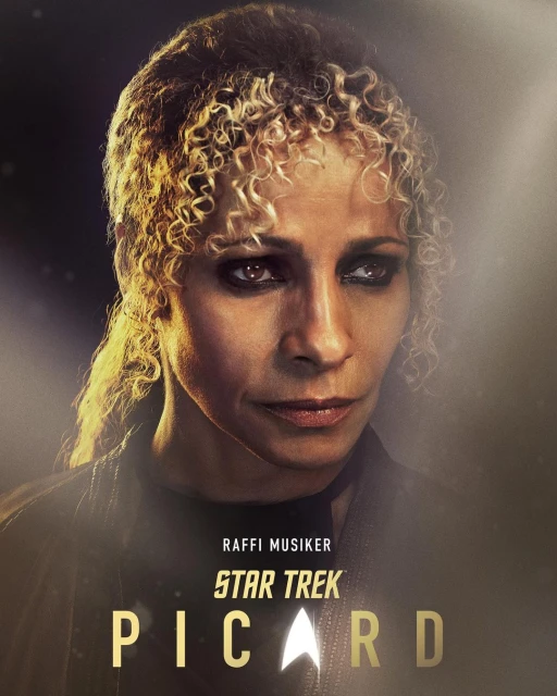 Portrait of Raffi Musiker, a character in Star Trek: Picard, set against a softly lit backdrop with the show's logo below.