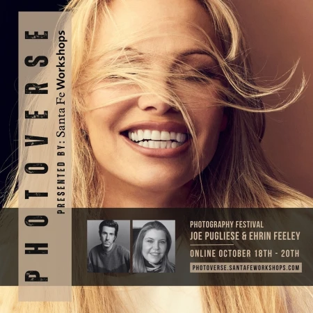 Close-up of a blonde woman with a wide smile, partially obscured by her hair, advertising a photography festival with portraits below.