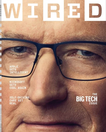 Close-up of an adult male with glasses on a magazine cover for WIRED, featuring headlines about Apple, Microsoft, and self-driving cars.