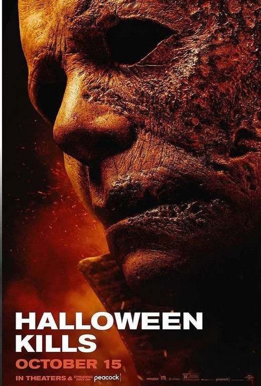 Movie poster for Halloween Kills featuring a textured close-up portrait of Michael Myers's mask with dark orange and black tones.