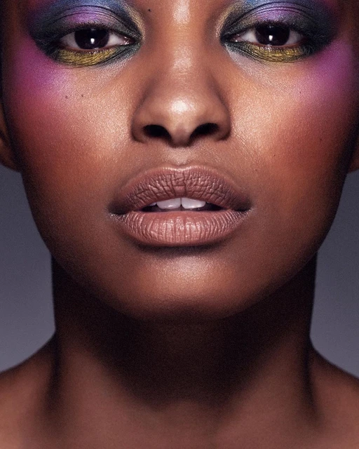 Close-up beauty shot of a Black female adult model with purple, blue, and gold eye shadow, light pink lipstick, and shiny skin.
