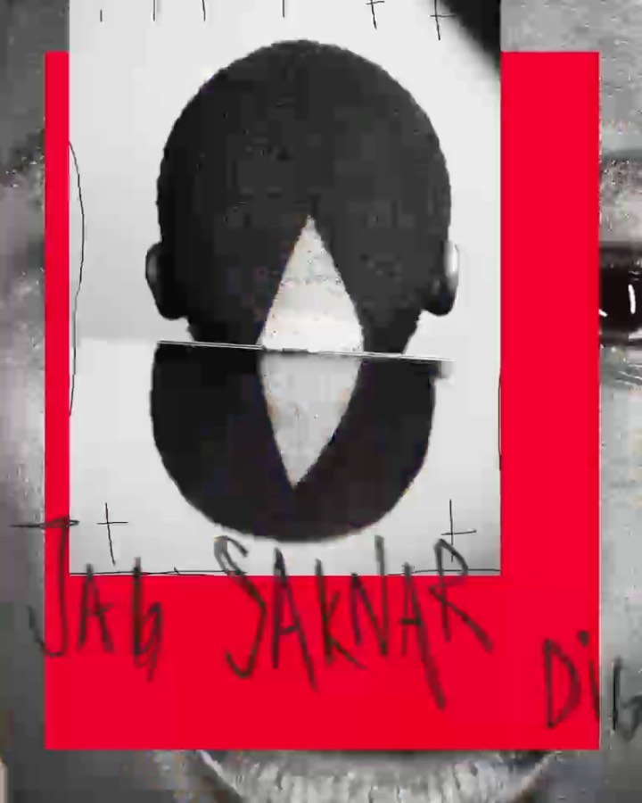 Abstract portrait featuring a man's partially obscured face, layered with geometric shapes and bold black and red ink, in a photo.