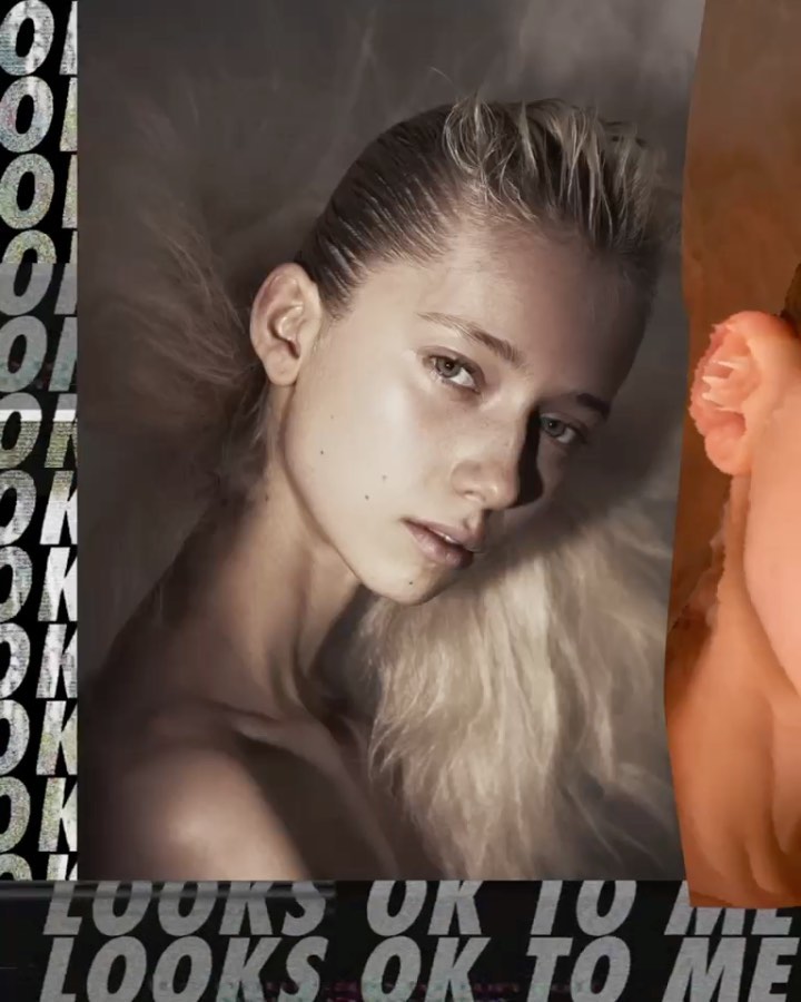 Close-up portrait of a young adult female with blond hair. Looks OK to me typography displayed on the left side of the frame.