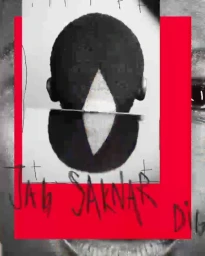 Mixed media portrait collage featuring a black and white head silhouette overlaid with red geometric shapes and handwritten text.
