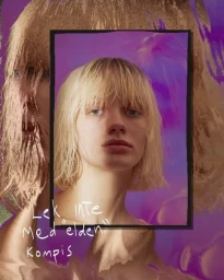 Portrait of a blonde woman with bangs framed centrally against a vibrant purple and violet background with overlay effects.