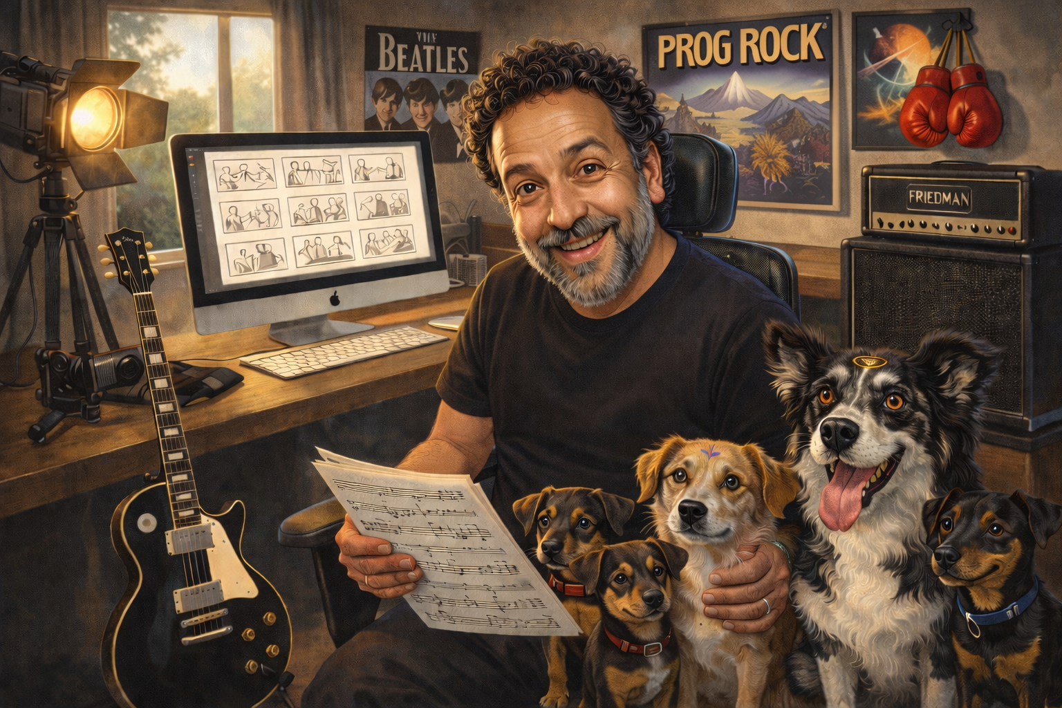 Man sits with a group of dogs in front of a computer showing animation frames; a guitar and film light stand nearby.