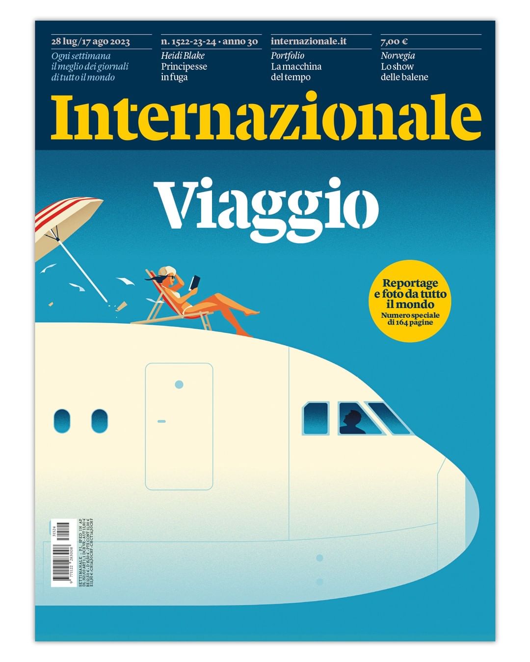 Illustration of Internazionale magazine cover featuring vacationer on a lounge chair atop an airplane with an umbrella, set against a blue sky.