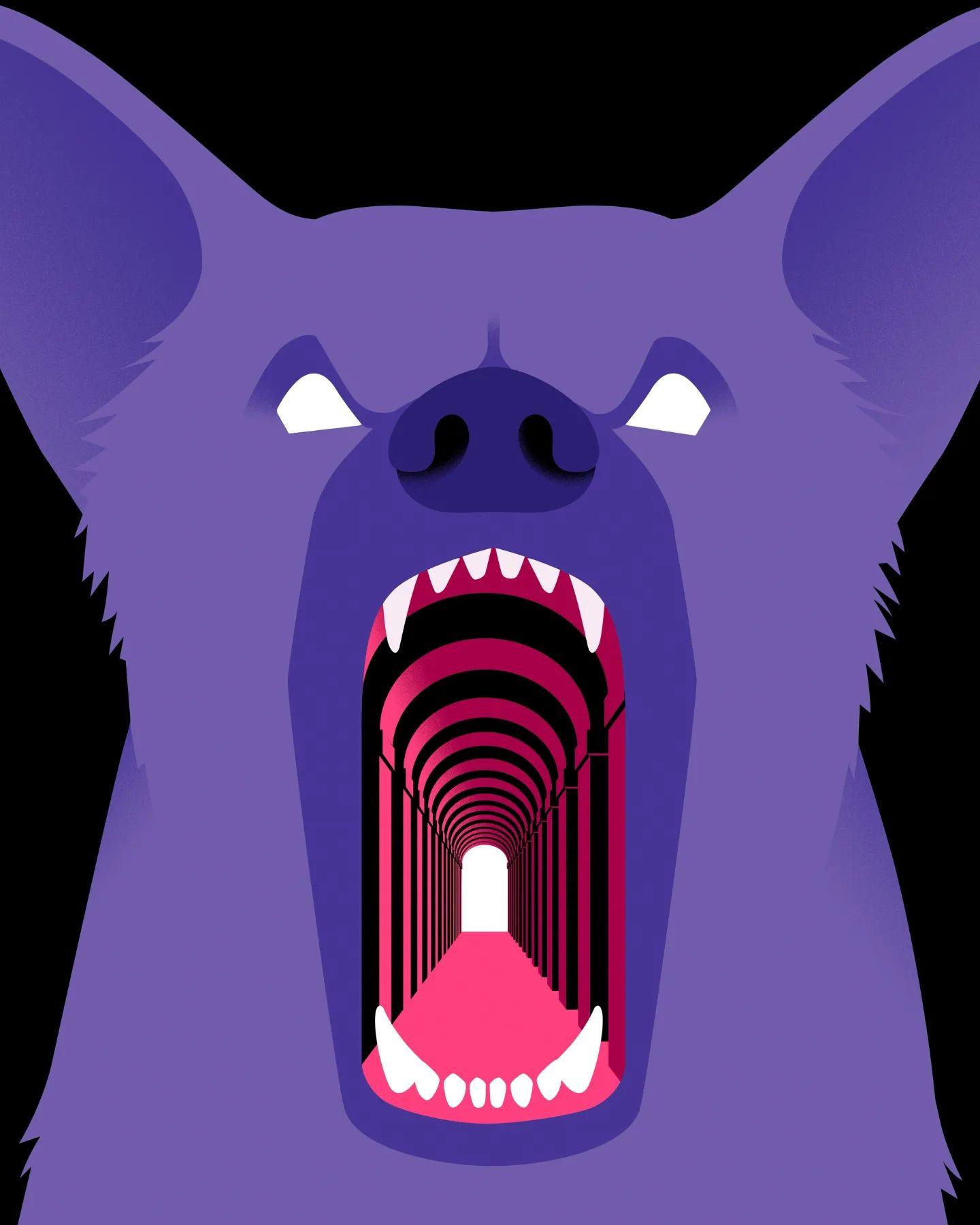 Illustration of a purple animal head with an open mouth revealing a long corridor with bright light at the end on a black background.