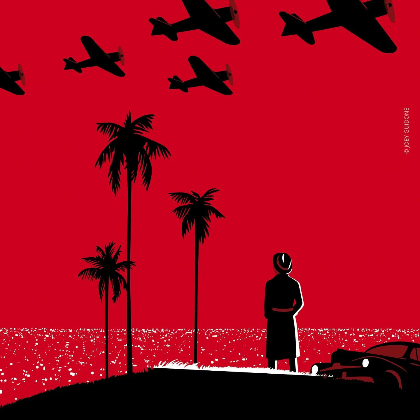 Silhouetted artwork featuring a person, classic car, palm trees and airplanes against a red backdrop, evoking a vintage or cinematic feel.