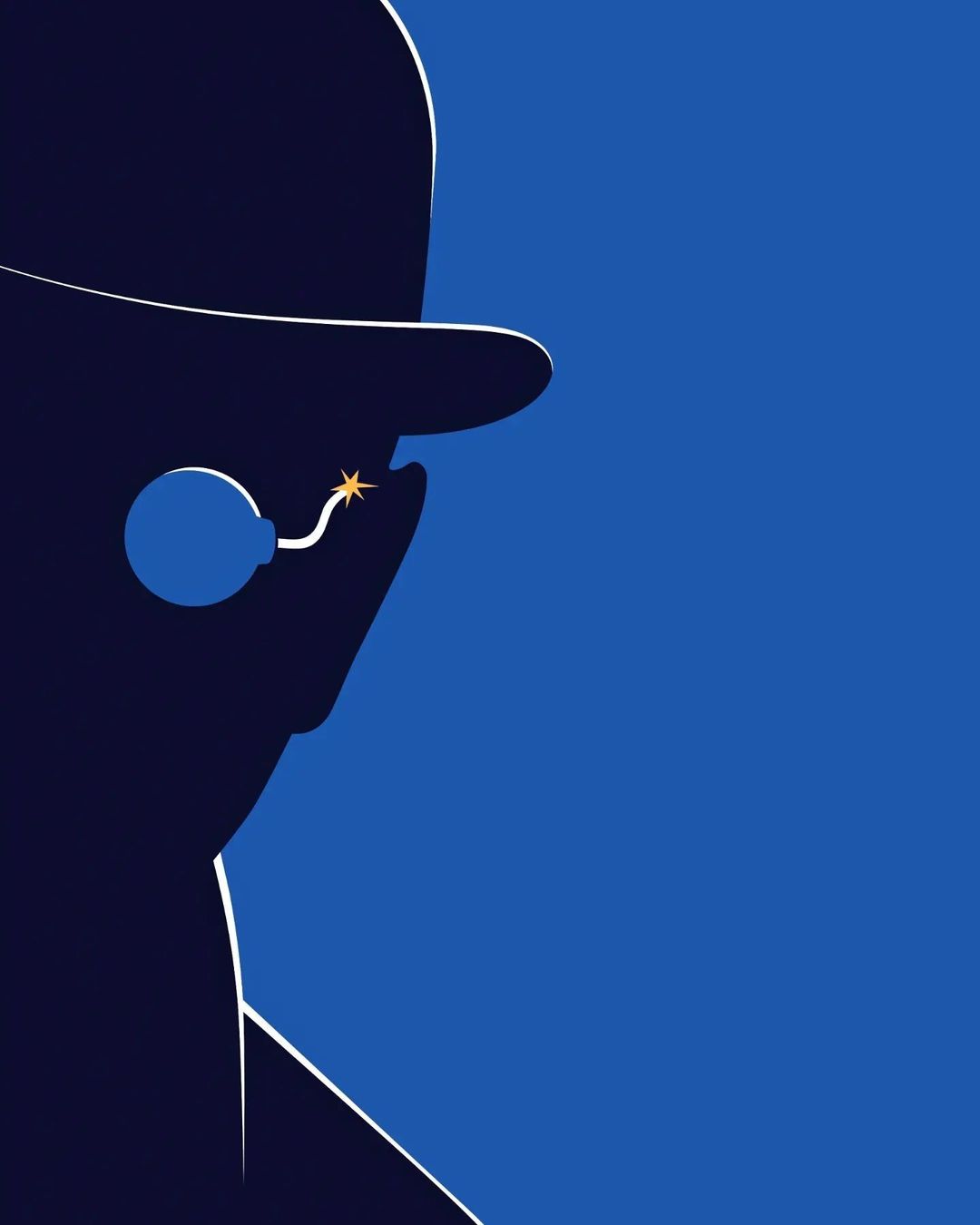 Silhouette of a person wearing a bowler hat and monocle with a bomb fuse near the face, set against a blue background.