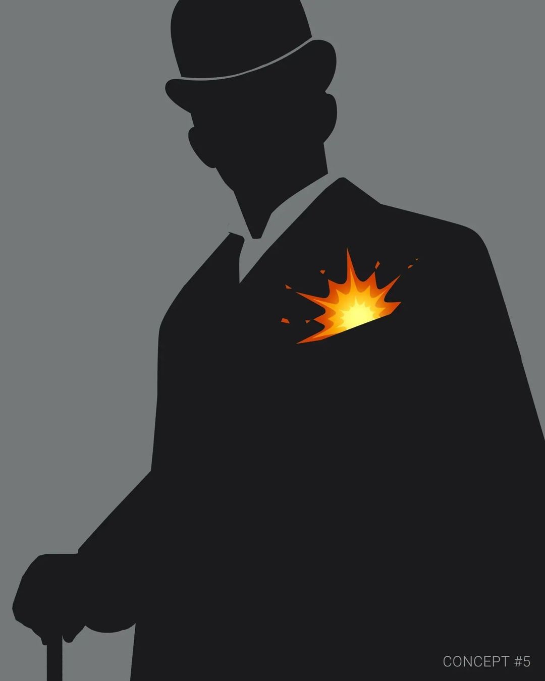 Silhouette of a man in a suit and bowler hat with an orange burst emanating from his chest on a grey background.