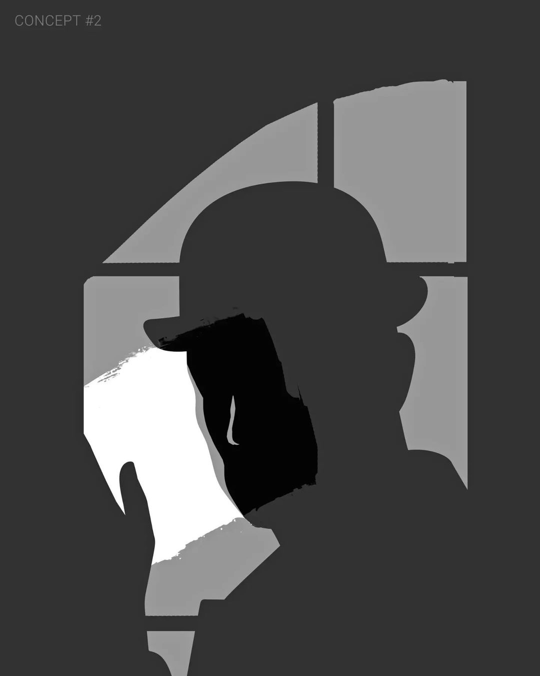 Monochromatic illustration of a man with a hat reading a document indoors with light streaming in through a window.