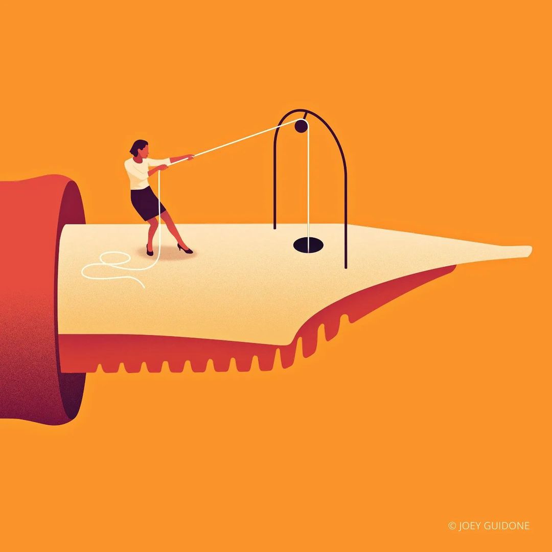 Illustration depicting a woman pulling a rope attached to a pulley on a giant pen nib against an orange background.