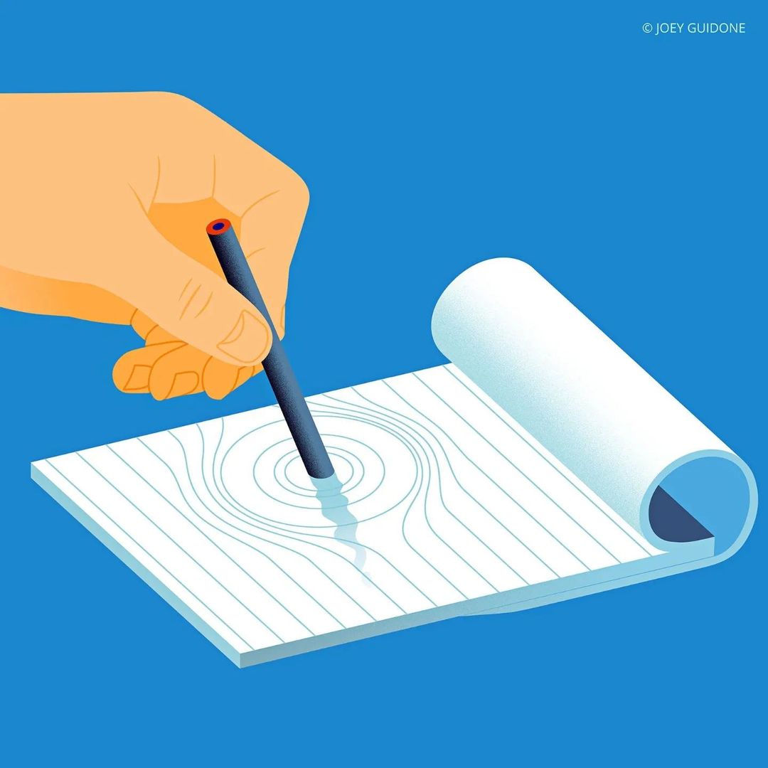 Illustration of a hand drawing concentric circles with a pen on a notebook with a blue background, creating a ripple effect.