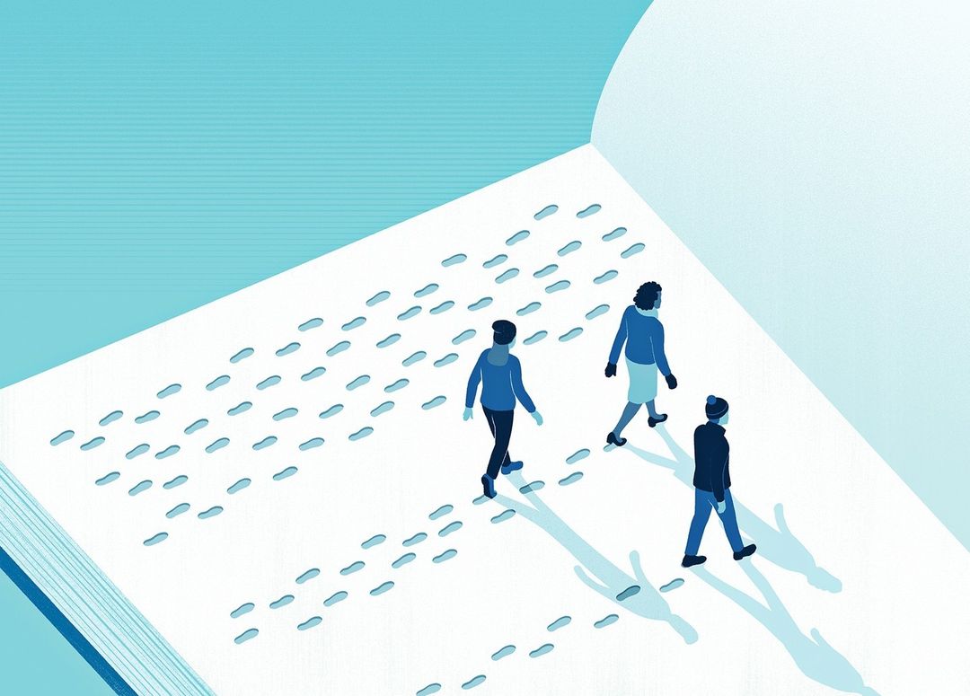 Illustration of three figures walking on an open book page with blue footprint trail, set against a light blue background.