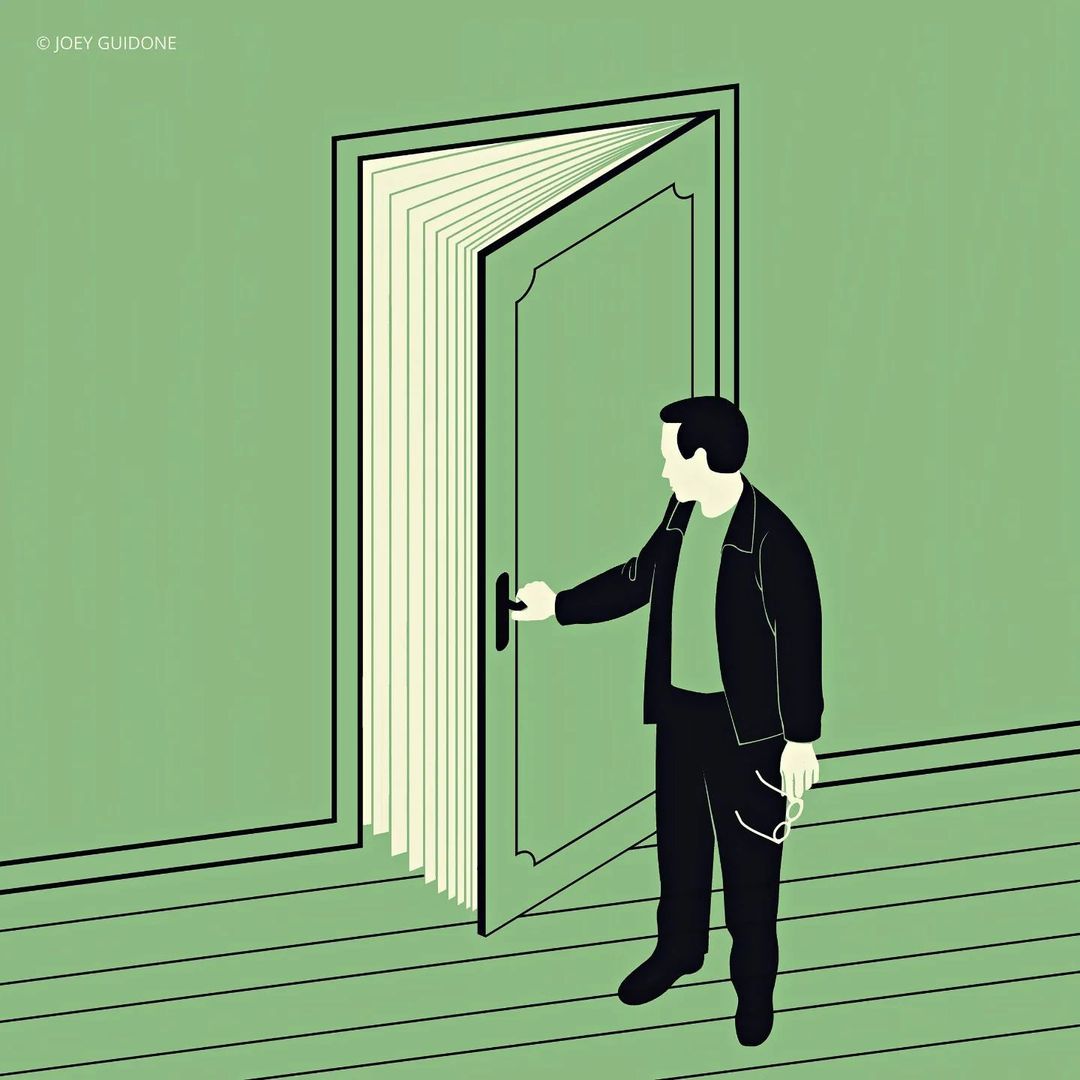 Illustration of a man reaching for a door designed as a book, set against a green backdrop, creating a surreal and conceptual image.