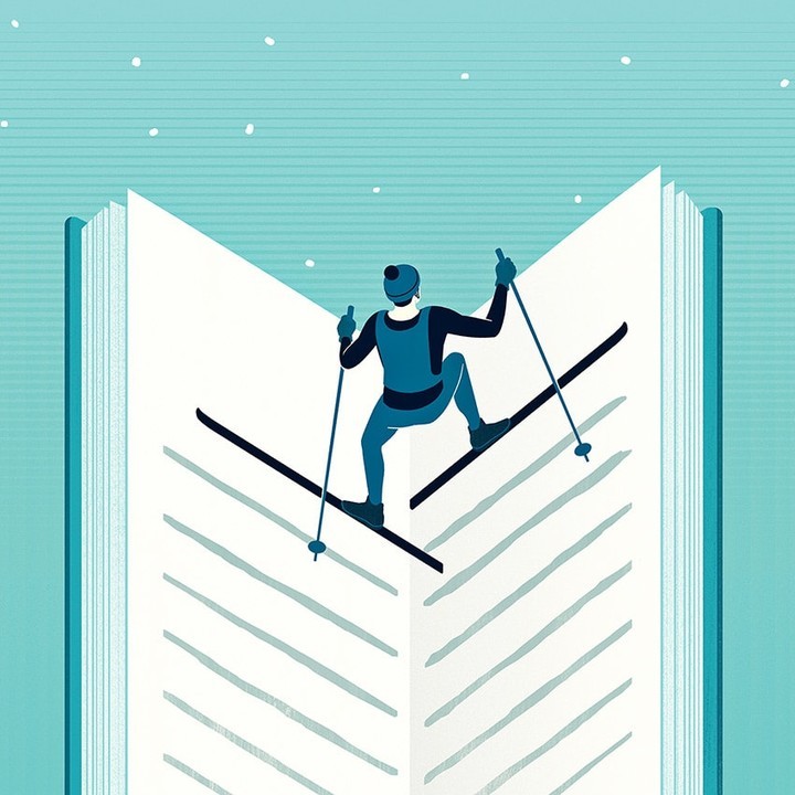 Illustration of a person on skis moving across an open book, with teal background and snow dots. Conceptual artwork. 