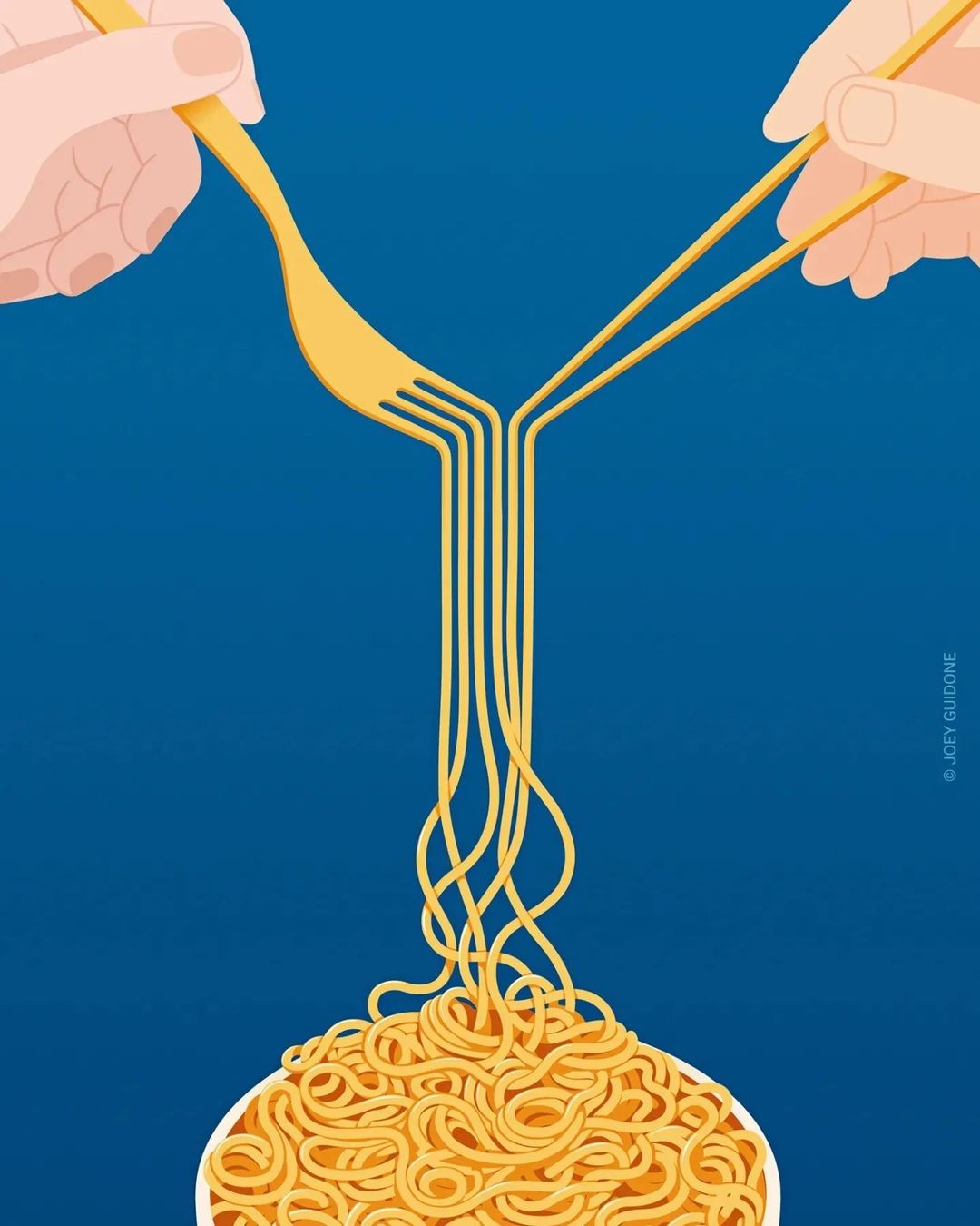Illustration showing hands holding fork and chopsticks with noodles flowing into a bowl against a blue background.