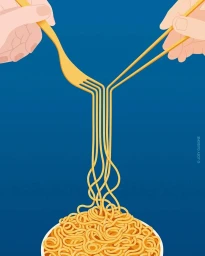 Digital illustration by Joey Guidone of hands holding a fork and chopsticks lifting spaghetti noodles against a dark blue background