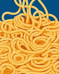 Close-up digital illustration of tangled yellow noodles against a solid dark blue background by Joey Guidone.