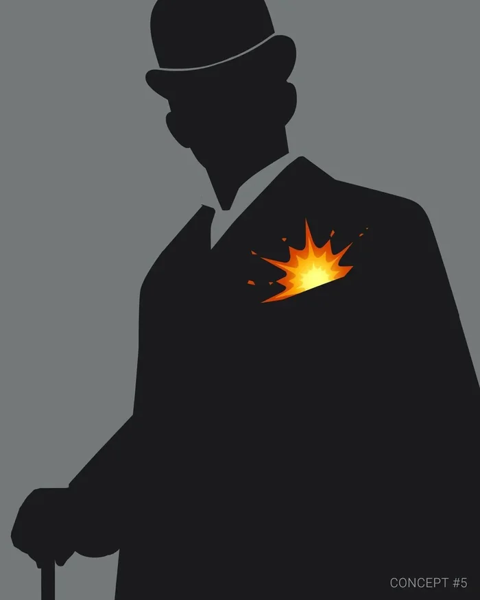 Illustration of a silhouetted man in a bowler hat and suit holding a cane with an explosion in his pocket.