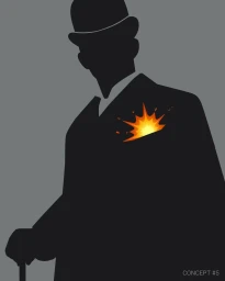 Illustration of a silhouetted man in a bowler hat and suit holding a cane with an explosion in his pocket.