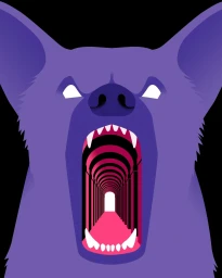 Digital illustration of a purple animal head roaring with an open mouth containing a receding pink colonnade