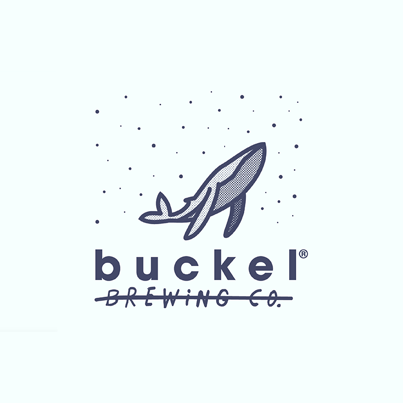 Whale illustration for Buckel Brewing Co. logo with stylized ocean dots in a clean, minimalist design against a white backdrop.