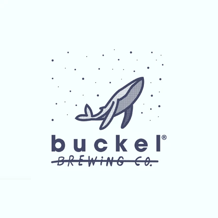 Whale illustration for Buckel Brewing Co. logo with stylized ocean dots in a clean, minimalist design against a white backdrop.