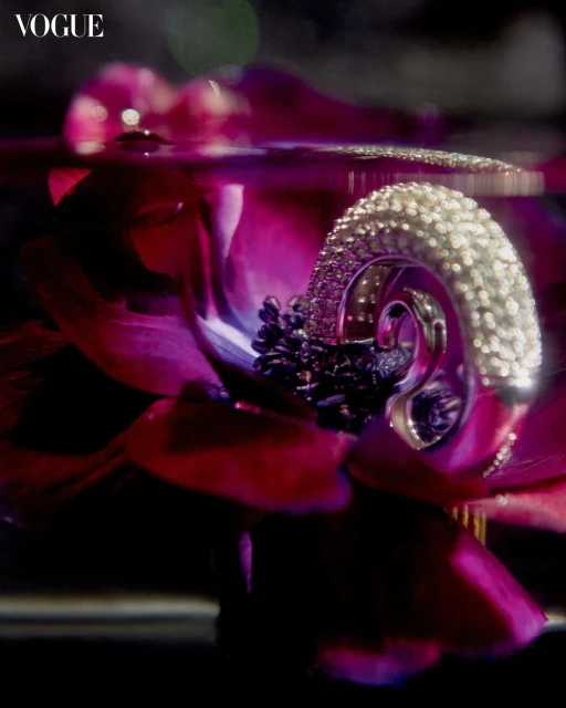 Close-up of a white and gold ring with diamond-like embellishments, nestled inside the petals of a vibrant pink and purple flower.