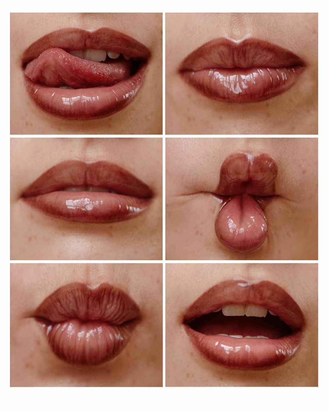 Close-up collage of an adult female showing different expressions with her glossy, neutral colored lips and partially visible teeth.
