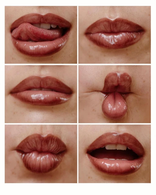 Close-up collage of an adult female showing different expressions with her glossy, neutral colored lips and partially visible teeth.