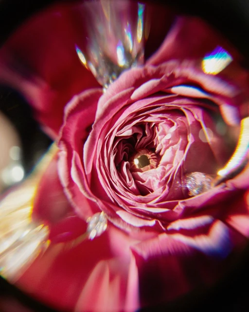 Close-up shot captures the intricate details of a vibrant pink rose bloom, enhanced by glistening crystal accents and a dark background.