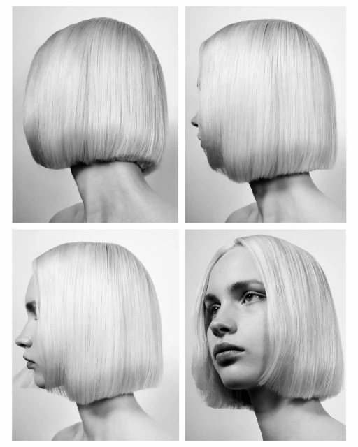 Monochrome portrait of a young woman with a short, blunt blonde bob haircut, presented in a four-panel collage against a white backdrop.