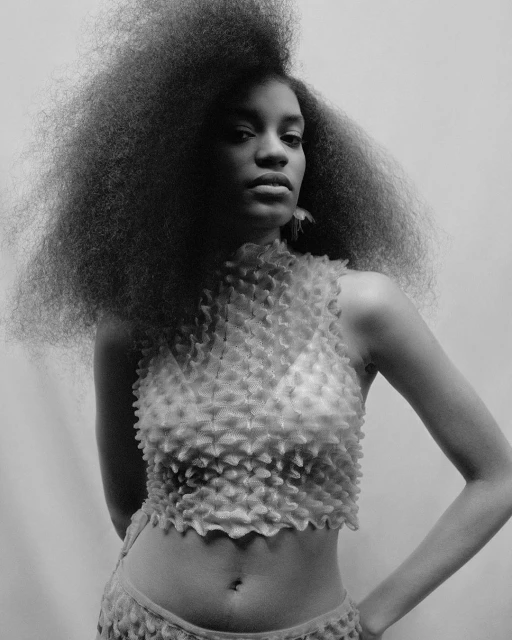 Black and white studio portrait of a Black female model with a voluminous afro hairstyle, wearing a textured crop top and posing.