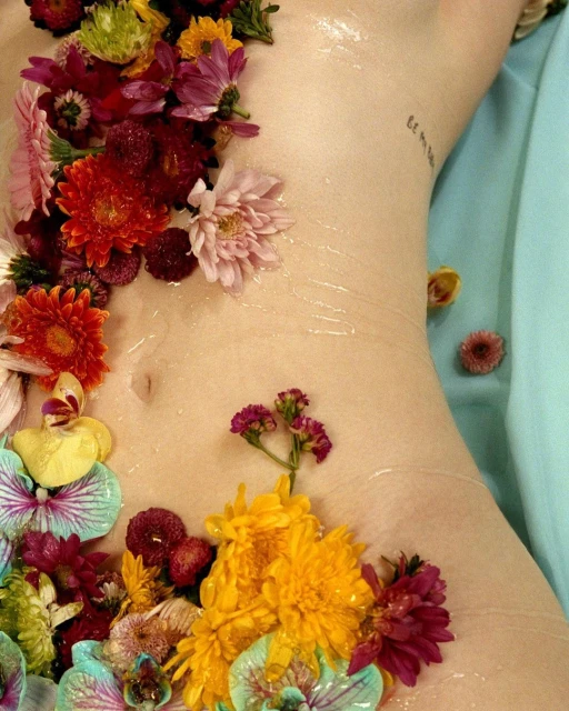 Torso of fair-skinned adult with scattered, vibrant blossoms and orchids, artfully arranged on skin and draped against light blue fabric.