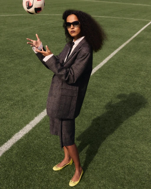 A woman in a suit and flats poses on a soccer field, juggling a soccer ball with her hands in outdoor daylight setting.