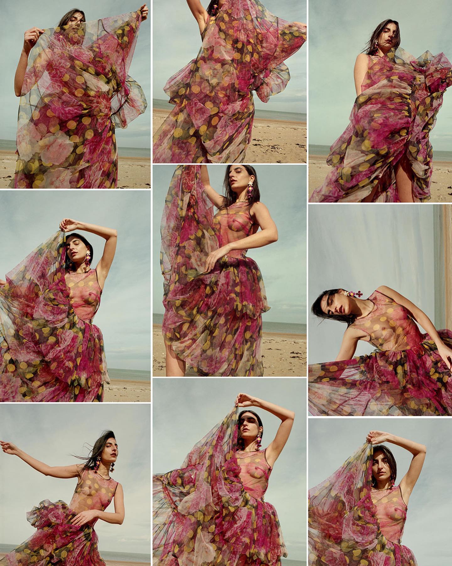 Multiple views of a woman modeling a pink floral gown on a beach with a cloudy sky, showcasing the dress's flowing, layered design.