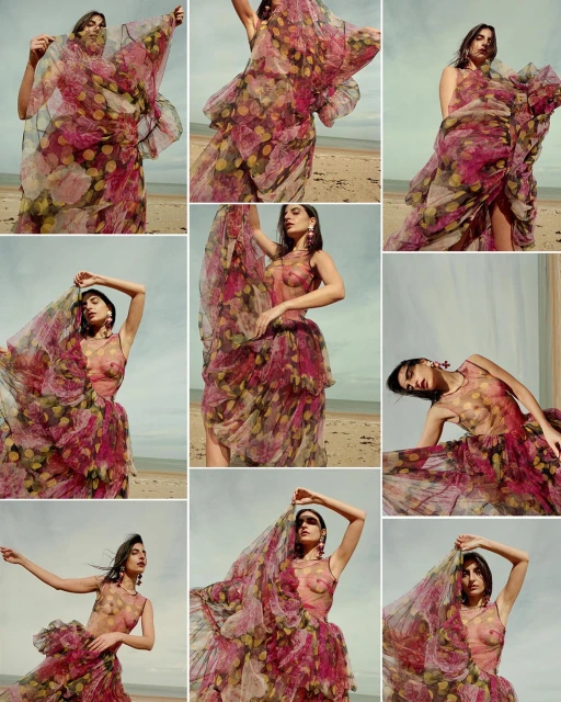 Multiple views of a woman modeling a pink floral gown on a beach with a cloudy sky, showcasing the dress's flowing, layered design.