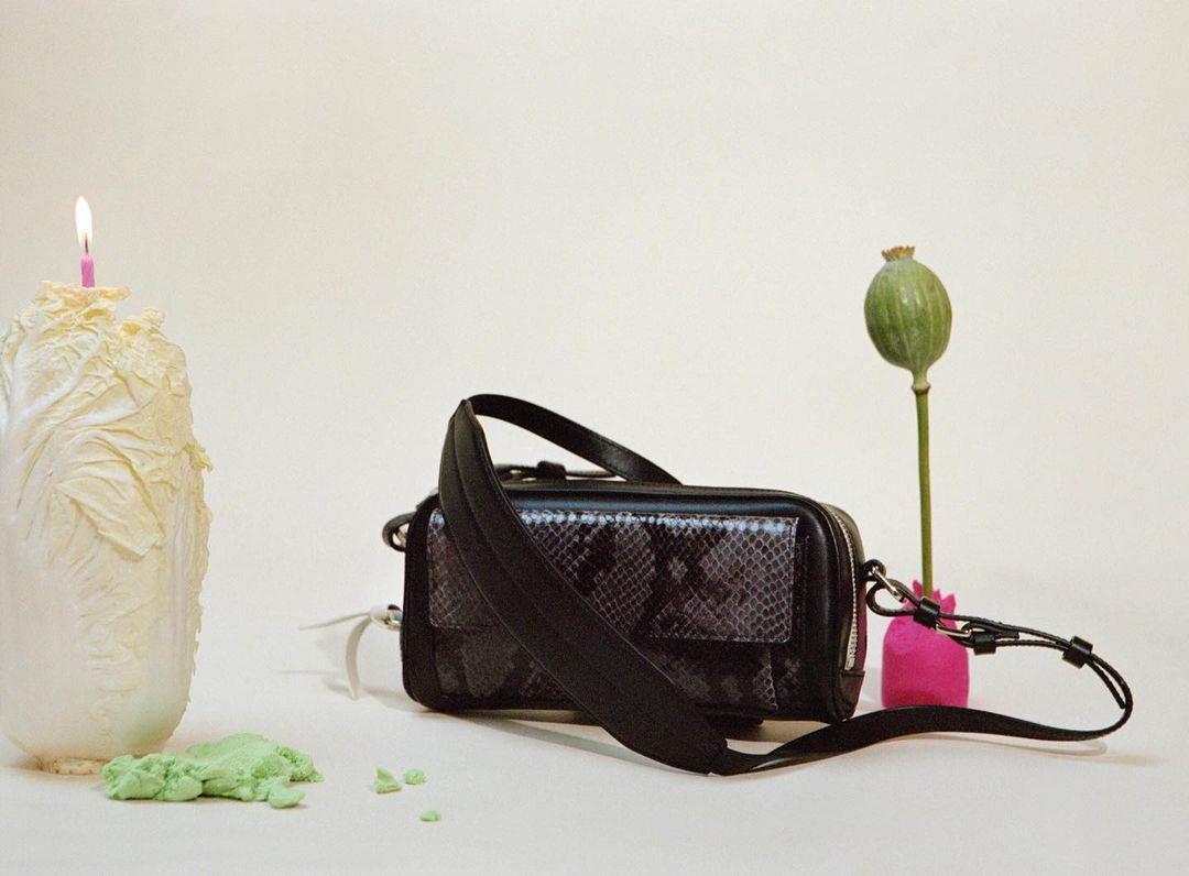 A black handbag with a snakeskin pattern is featured in a still life with a candle, Chinese cabbage, green sand and a poppy seed pod.