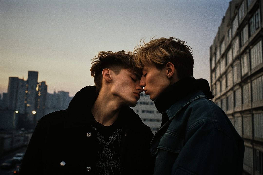 A couple is embracing in an urban setting, with city buildings and a dusky sky providing the backdrop for this intimate moment.