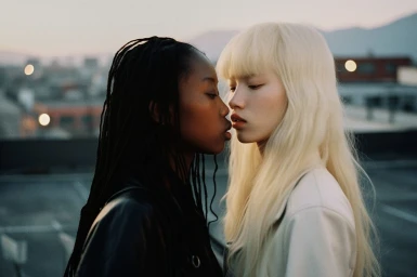 Two women standing close face to face outdoors on a rooftop at dusk by Johannes Knuth