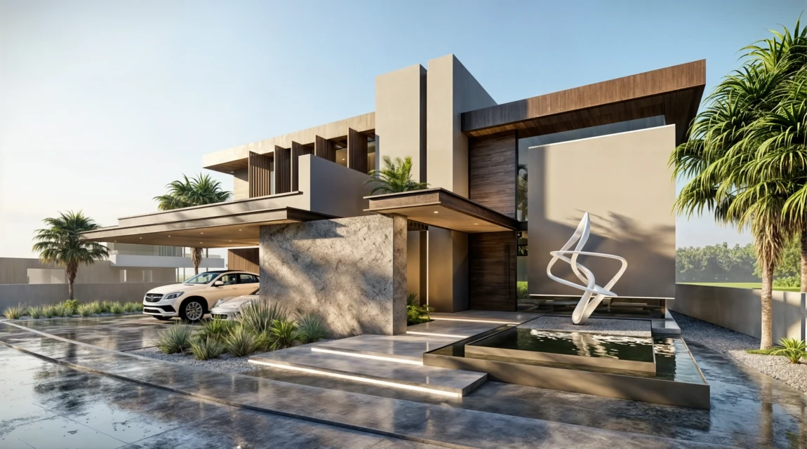 Modern architecture featuring an exterior view of a contemporary house with a water feature, palm trees, and a car parked in the driveway.