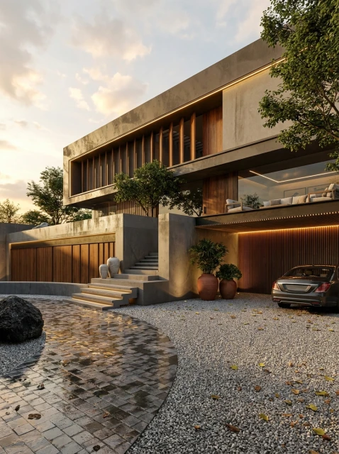 Exterior view of a modern two-story home with a stone driveway, landscaping, a luxury car, and warm lighting at dusk.