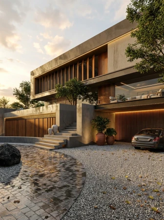 Exterior view of a modern two-story home with a stone driveway, landscaping, a luxury car, and warm lighting at dusk.