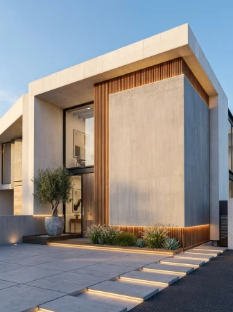 Exterior of a modern concrete home with wood accents, illuminated steps, and a landscaped garden, set against a clear blue sky.