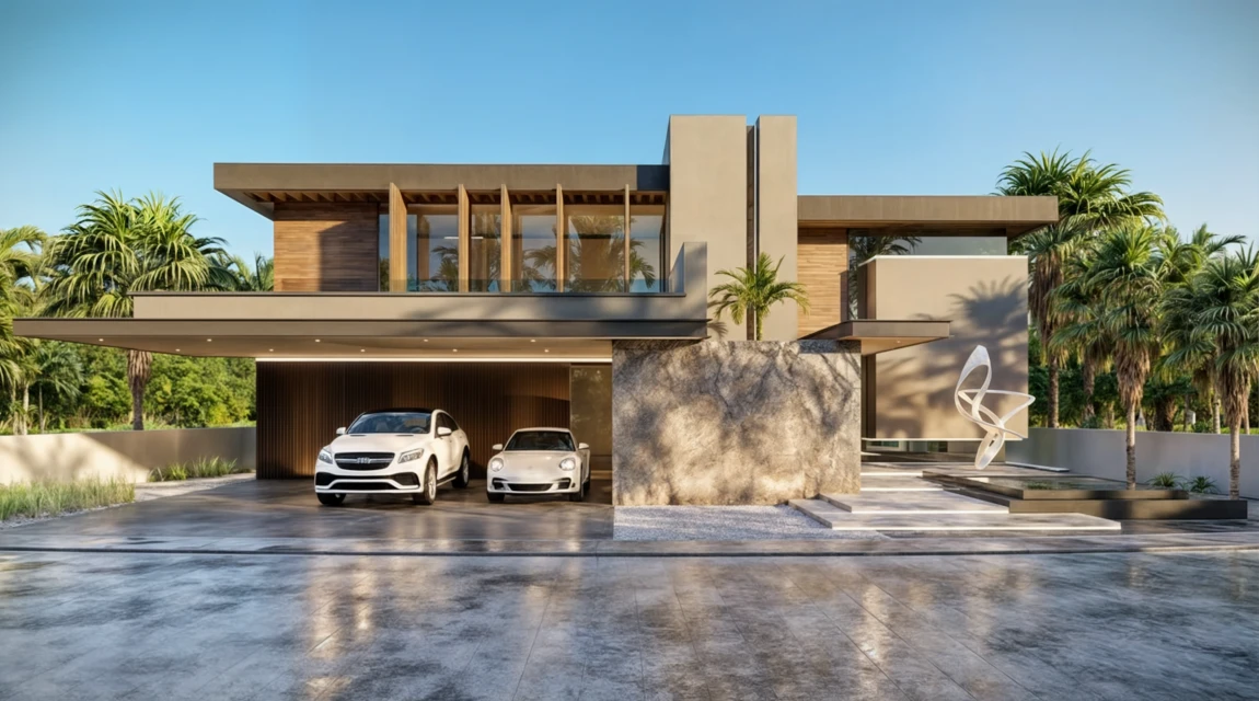 Modern two-story home with flat roof, wood paneling, and neutral exterior, featuring two parked cars and lush palm trees in daytime.